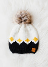 Load image into Gallery viewer, White, Mustard &amp; Black Patterned Pom Hat