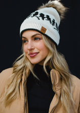 Load image into Gallery viewer, Beige &amp; Charcoal Bird Pattern Pom Hat