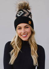 Load image into Gallery viewer, Black, White &amp; Tan Tribal Pom Hat