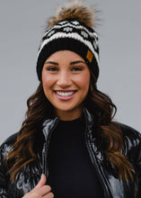 Load image into Gallery viewer, Black, White &amp; Tan Patterned Pom Hat