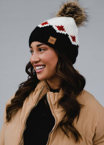 White, Rust & Black Patterned Pom Hat