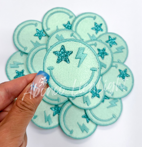 ABLN Boutique - Turquoise glitter star bolt smiley face patch iron on 