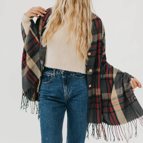 Button Plaid Shawl Scarf