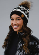 Load image into Gallery viewer, Black, White &amp; Tan Patterned Pom Hat