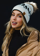 Load image into Gallery viewer, Beige &amp; Charcoal Bird Pattern Pom Hat