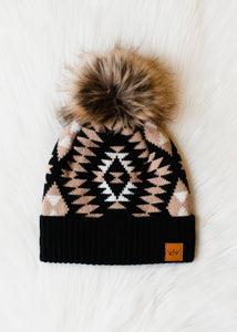 Black, White & Tan Tribal Pom Hat