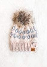 Load image into Gallery viewer, Pink, Grey &amp; Cream Pattern Pom Hat