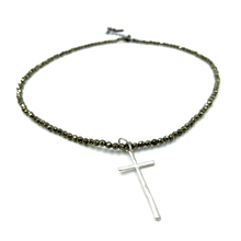 Load image into Gallery viewer, EG Prayer Cross on Pyrite Necklace in Silver