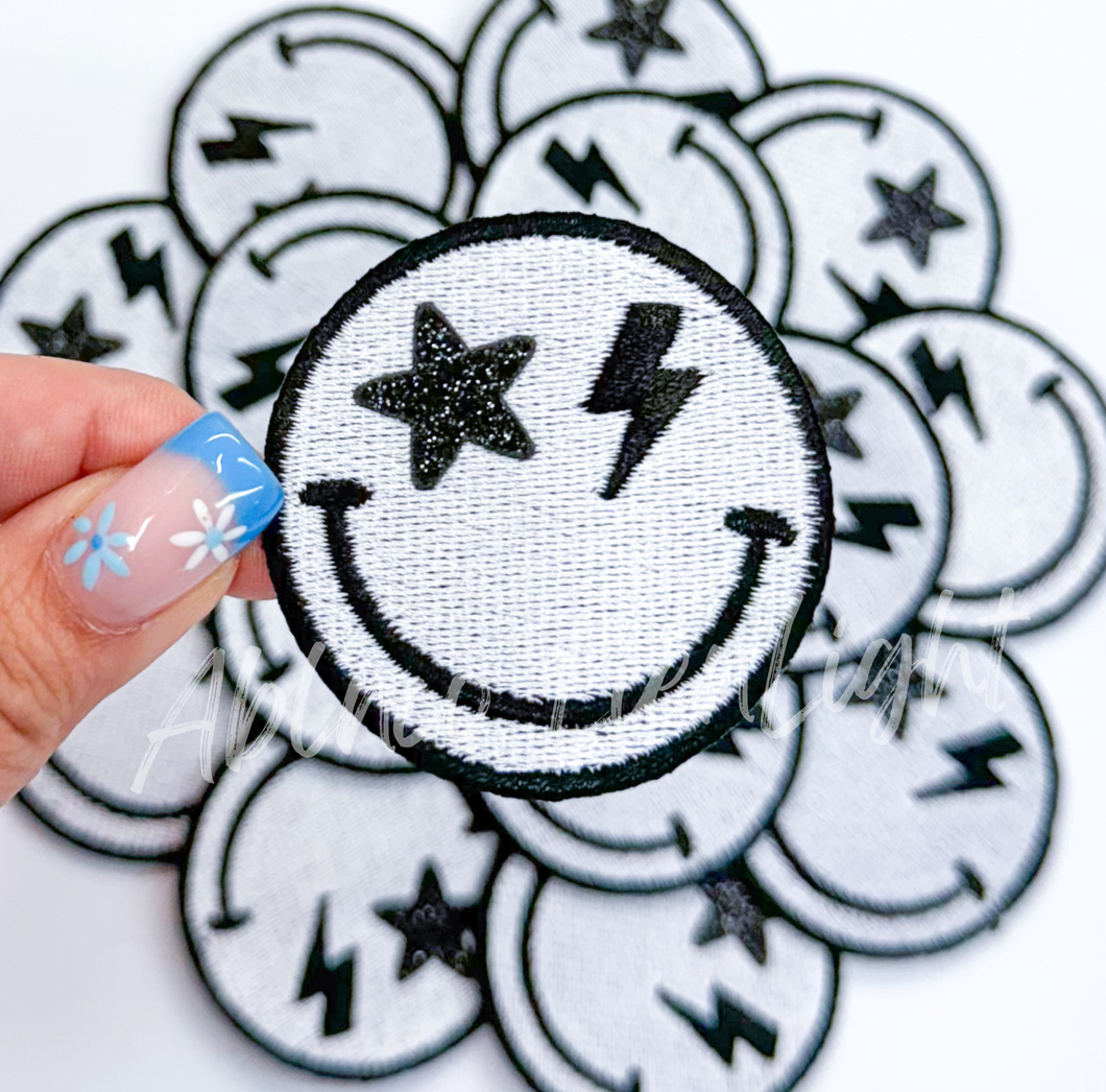 ABLN Boutique - Black glitter star bolt smiley face patch iron on