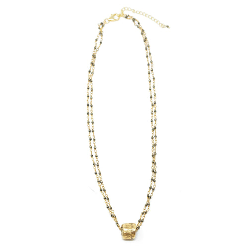 EG Small Gold Barrel on Double Pyrite Necklace