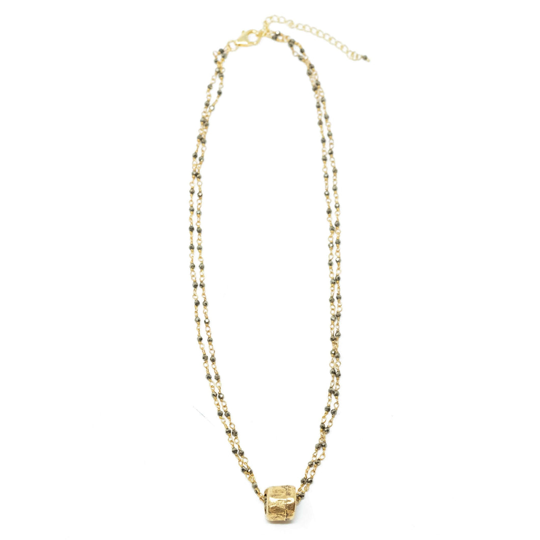 EG Small Gold Barrel on Double Pyrite Necklace