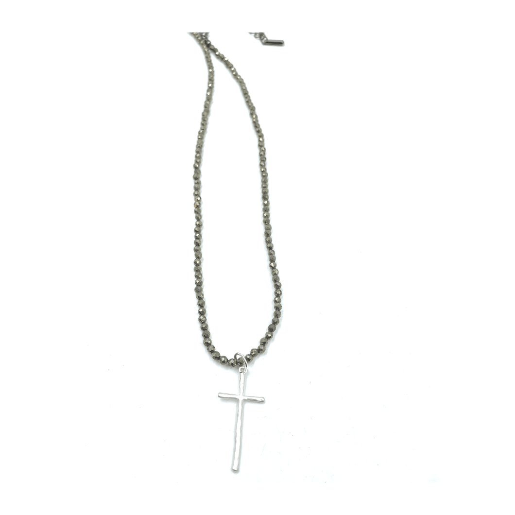 EG Prayer Cross on Pyrite Necklace in Silver