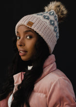 Load image into Gallery viewer, Pink, Grey &amp; Cream Pattern Pom Hat