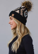 Load image into Gallery viewer, Black, White &amp; Tan Tribal Pom Hat