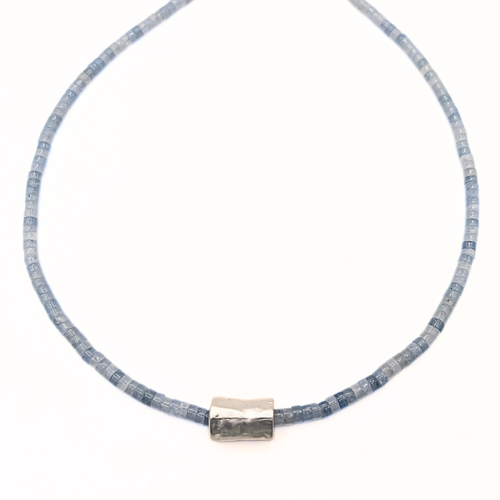 EG Heishi Matte Silver Barrel Necklace in AQUAMARINE