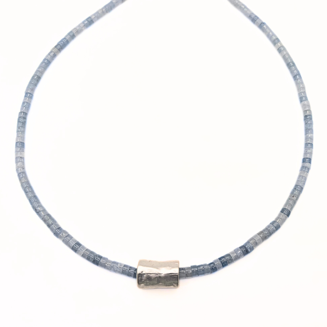 EG Heishi Matte Silver Barrel Necklace in AQUAMARINE