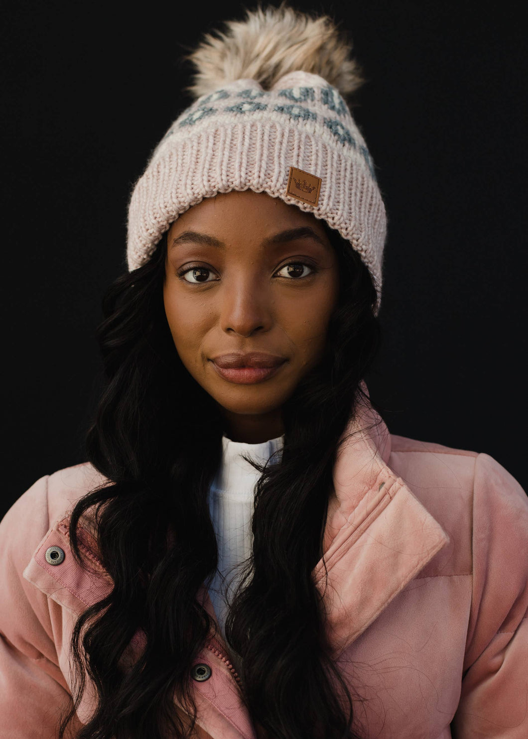 Pink, Grey & Cream Pattern Pom Hat