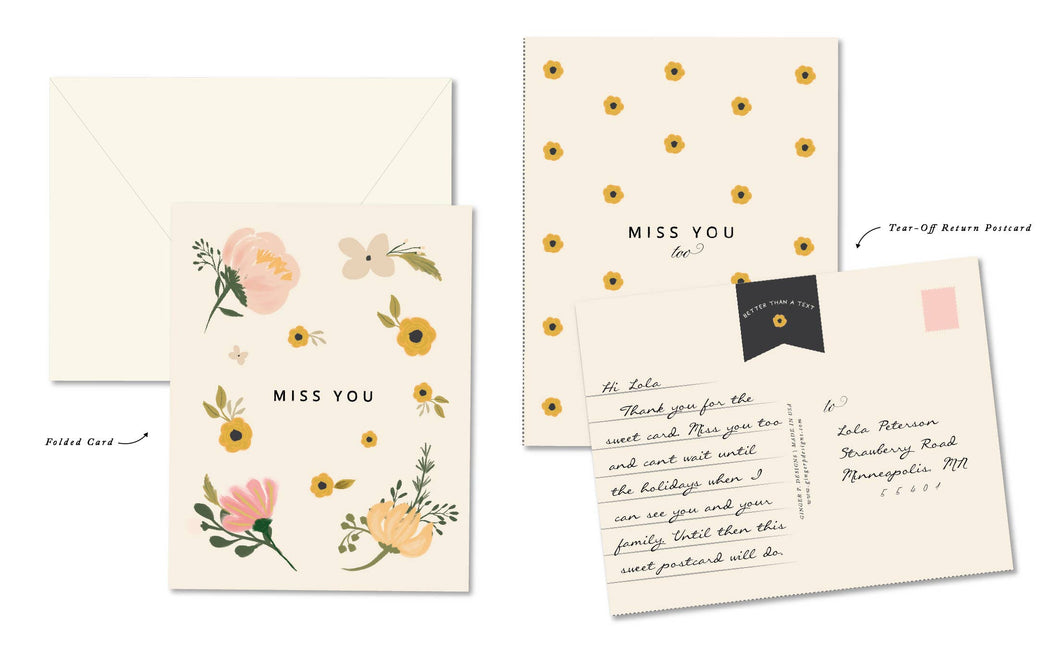 Ginger P. Designs - Miss You Floral Greeting card with return tear-off postcard