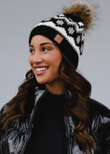 Load image into Gallery viewer, Black, White &amp; Tan Patterned Pom Hat
