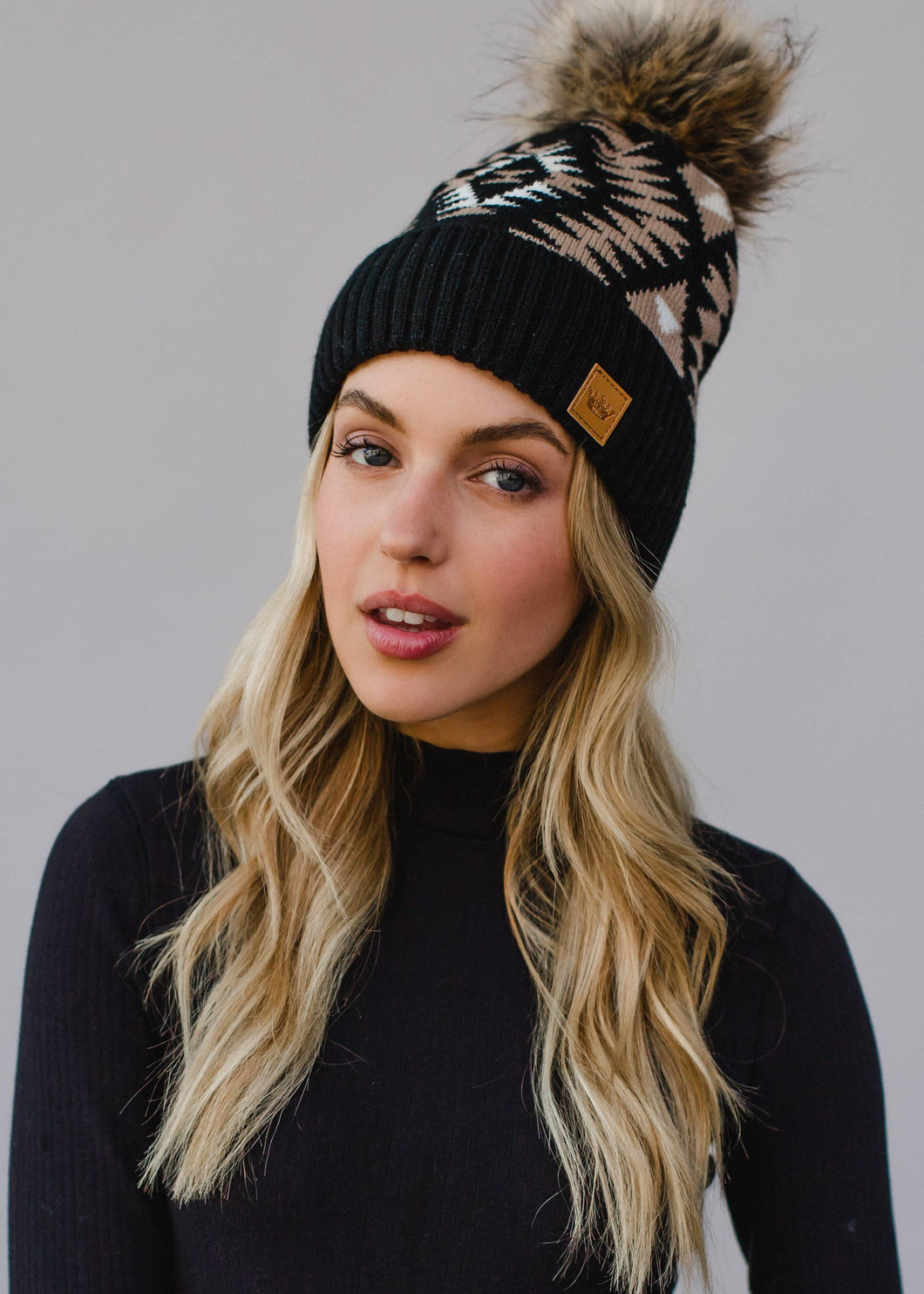 Black, White & Tan Tribal Pom Hat